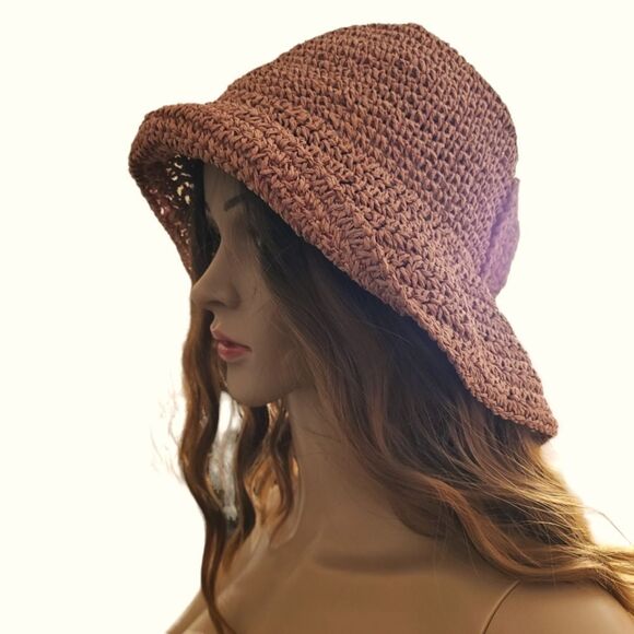 Straw Bucket Crochet Hat With Bow Soft Rose Open Weave - Picture 12 of 13